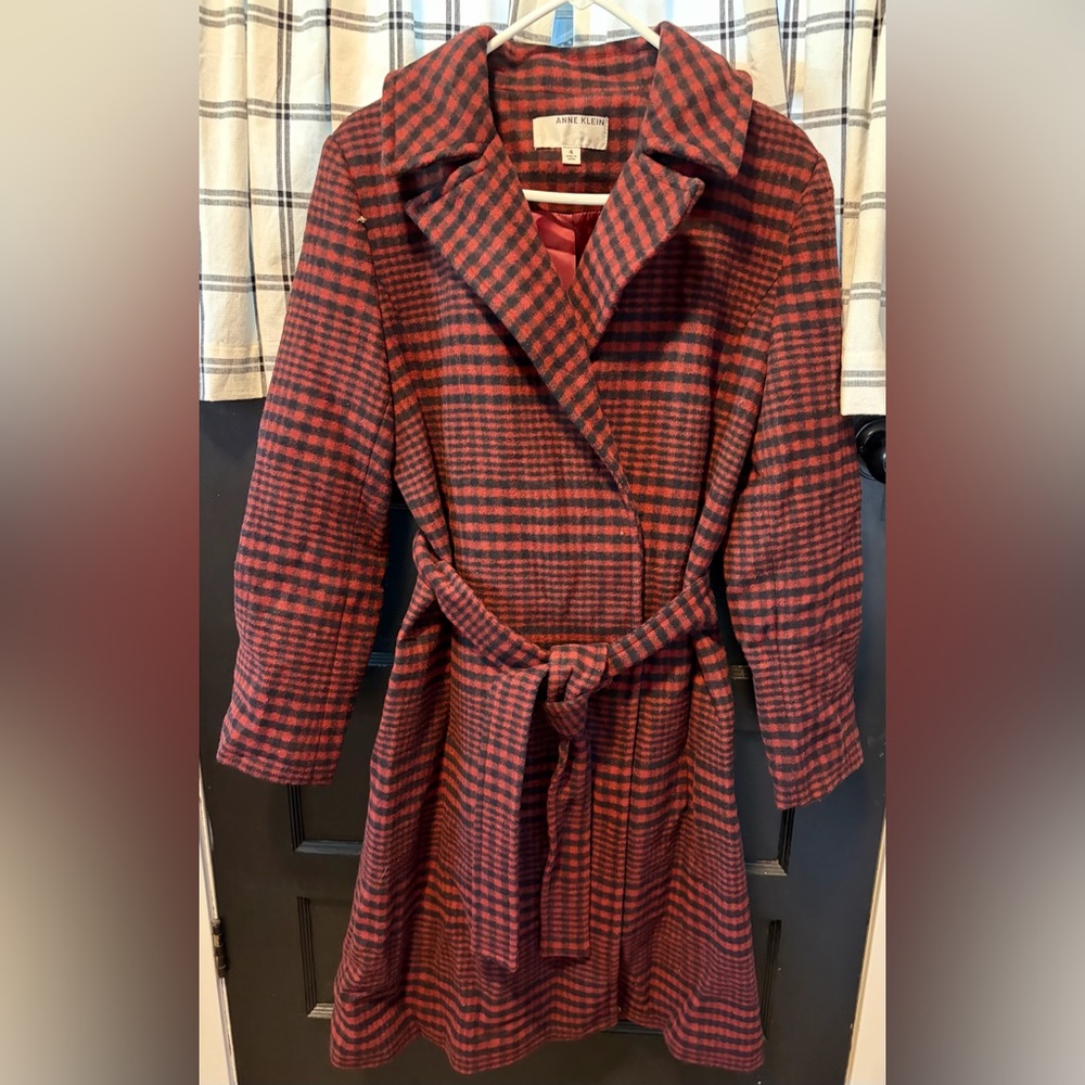 Anne Klein Red Plaid Oversized Trench Coat
